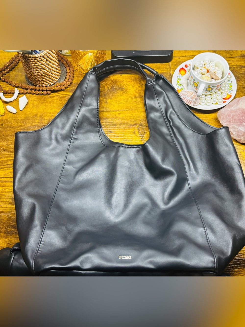 BCBG Black Faux Leather Tote Hobo Bag